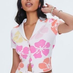 Forever 21 Floral Button-Up Crop Cardigan Top - Pink, Orange, White, Size S